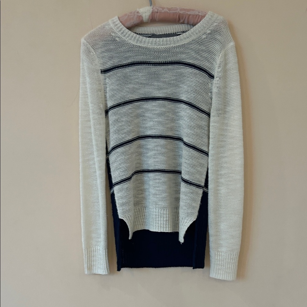 Navy and white crew neck sweater.